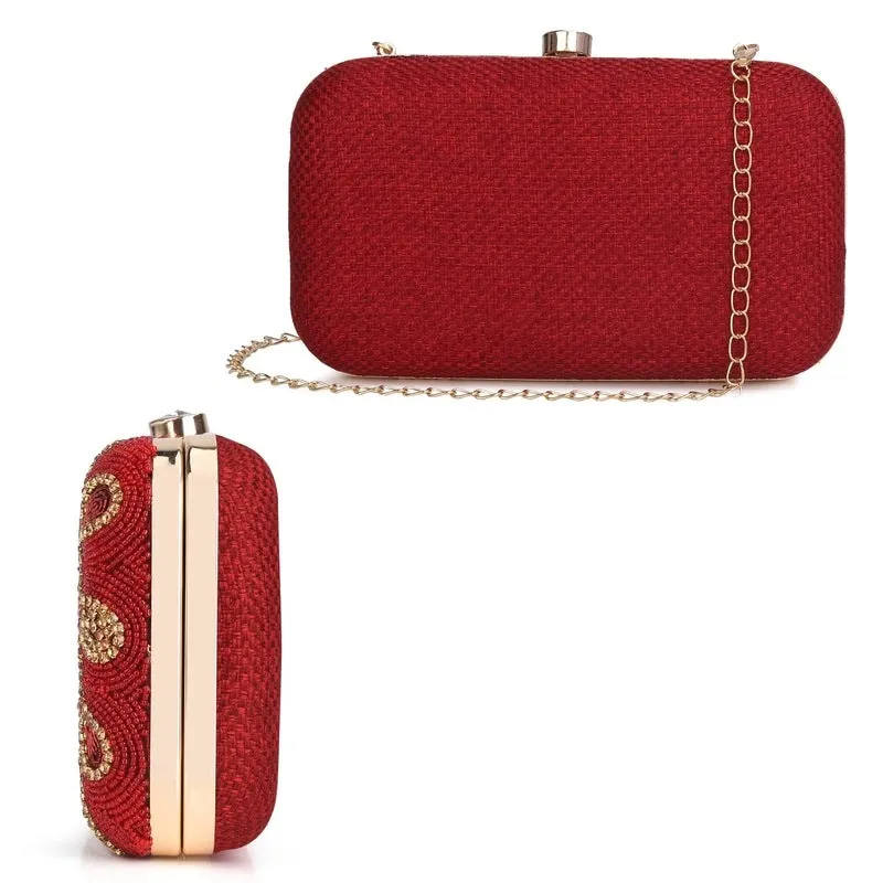 Elegant Womens Party Clutch with Floral Bead Work | Detachable Shoulder Chain | 20x7x13 cms | Maroon