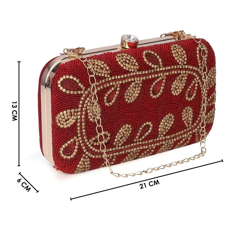 Elegant Womens Party Clutch with Floral Bead Work | Detachable Shoulder Chain | 20x7x13 cms | Maroon