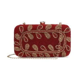 Elegant Womens Party Clutch with Floral Bead Work | Detachable Shoulder Chain | 20x7x13 cms | Maroon