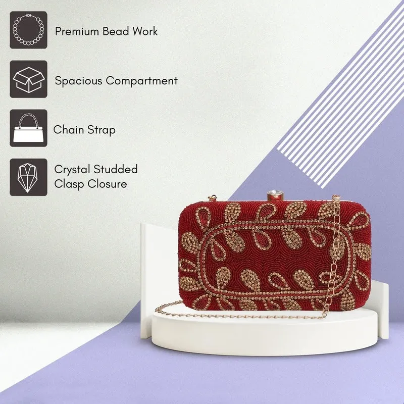 Elegant Womens Party Clutch with Floral Bead Work | Detachable Shoulder Chain | 20x7x13 cms | Maroon