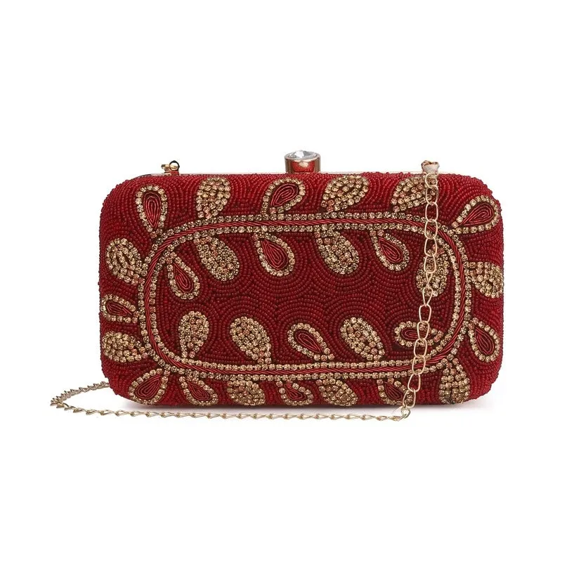 Elegant Womens Party Clutch with Floral Bead Work | Detachable Shoulder Chain | 20x7x13 cms | Maroon
