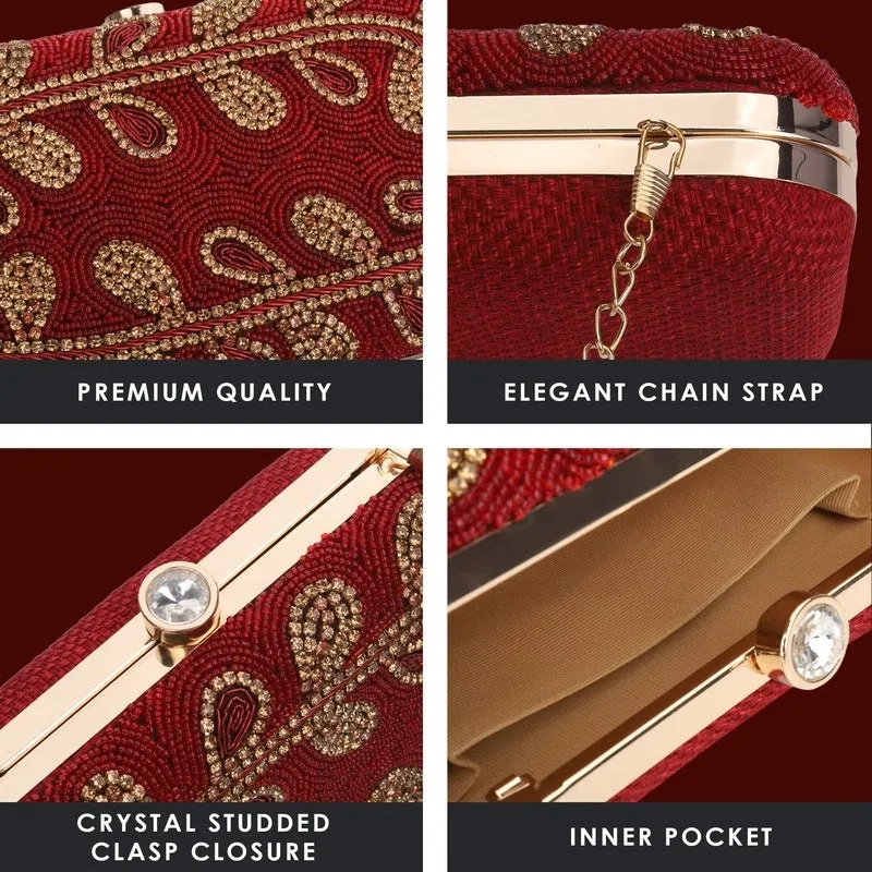 Elegant Womens Party Clutch with Floral Bead Work | Detachable Shoulder Chain | 20x7x13 cms | Maroon