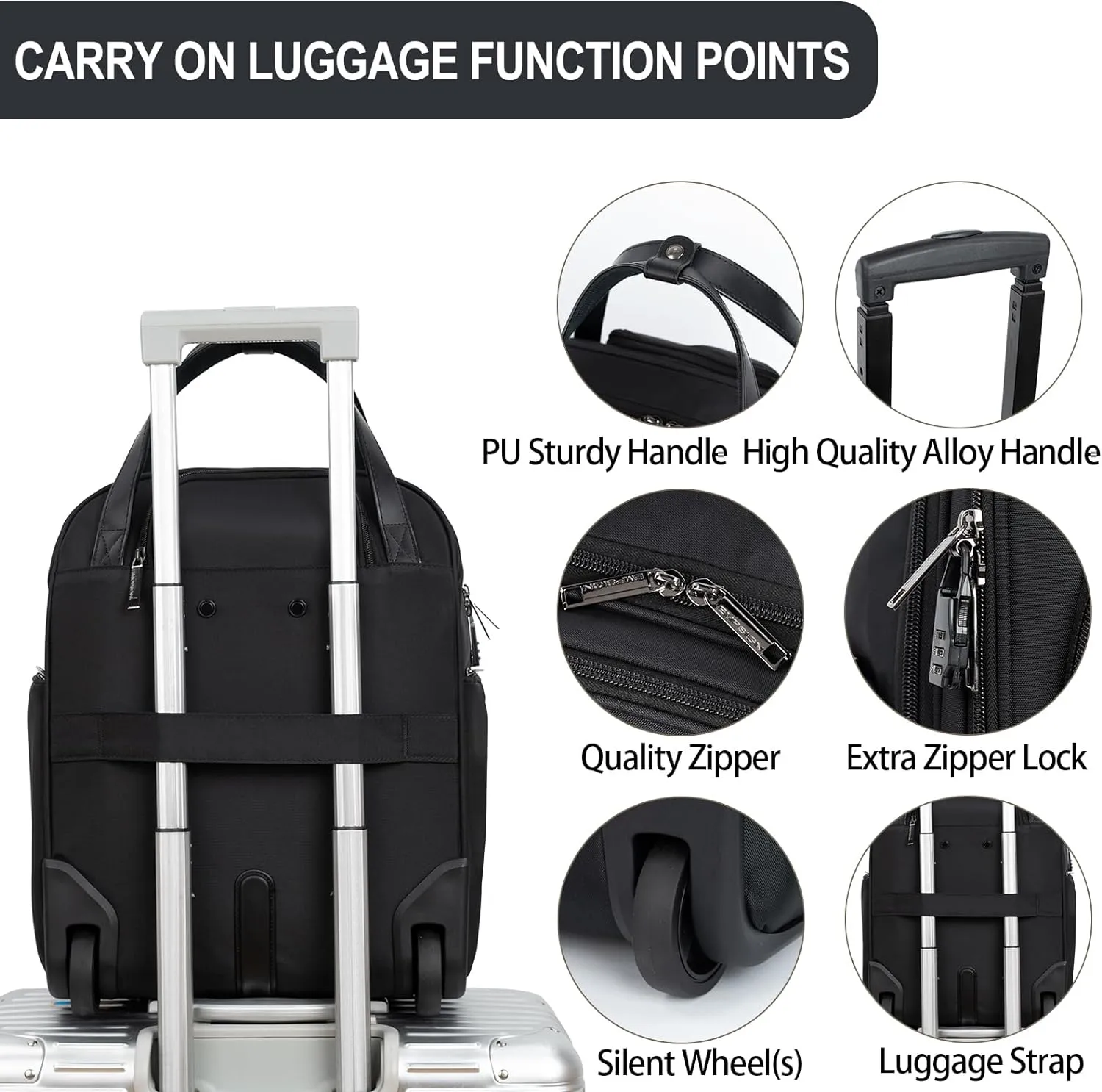EMPSIGN Underseat Carry On Wheeled - 16" Carry on Bag with Wheels Multi-functional Lightweight Rolling Bag Overnight Weekender Small Suitcase for Women Men Travel Business, Black