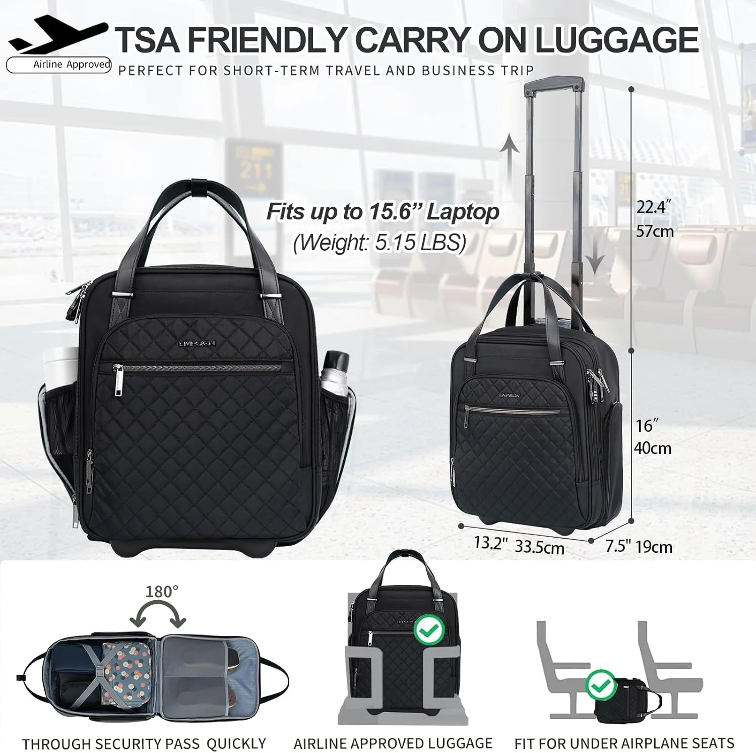 EMPSIGN Underseat Carry On Wheeled - 16" Carry on Bag with Wheels Multi-functional Lightweight Rolling Bag Overnight Weekender Small Suitcase for Women Men Travel Business, Black