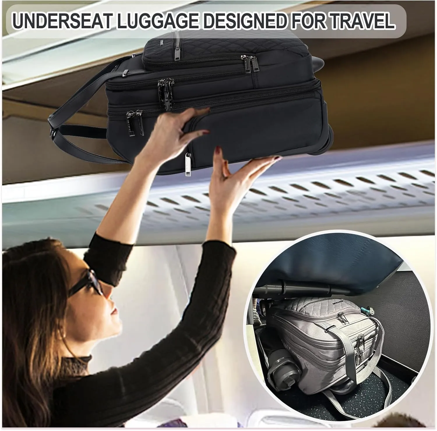 EMPSIGN Underseat Carry On Wheeled - 16" Carry on Bag with Wheels Multi-functional Lightweight Rolling Bag Overnight Weekender Small Suitcase for Women Men Travel Business, Black