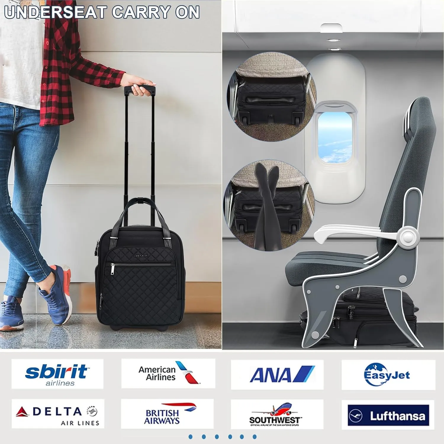EMPSIGN Underseat Carry On Wheeled - 16" Carry on Bag with Wheels Multi-functional Lightweight Rolling Bag Overnight Weekender Small Suitcase for Women Men Travel Business, Black