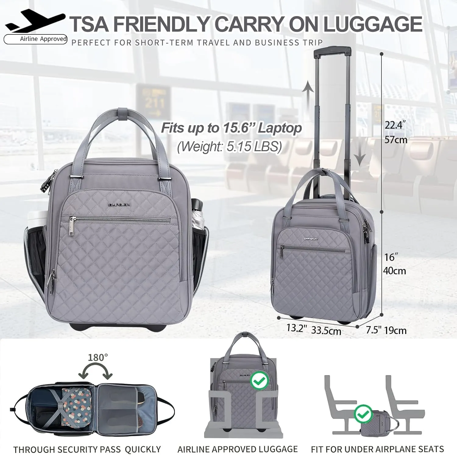 EMPSIGN Underseat Carry On Wheeled - 16" Carry on Bag with Wheels Multi-functional Lightweight Rolling Bag Overnight Weekender Small Suitcase for Women Men Travel Business, Dark Grey