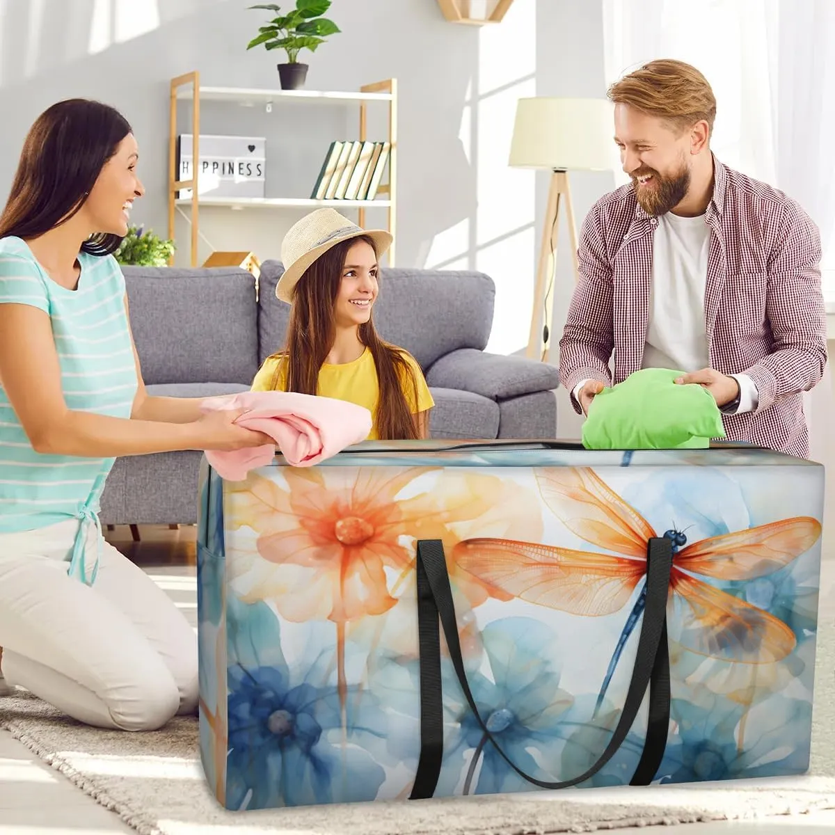Extra Large Moving Bags Dragonfly Floral Flower Storage Bags with Handles and Zippers Large Packing Bags for Space Saving Storage Totes Moving Supplies