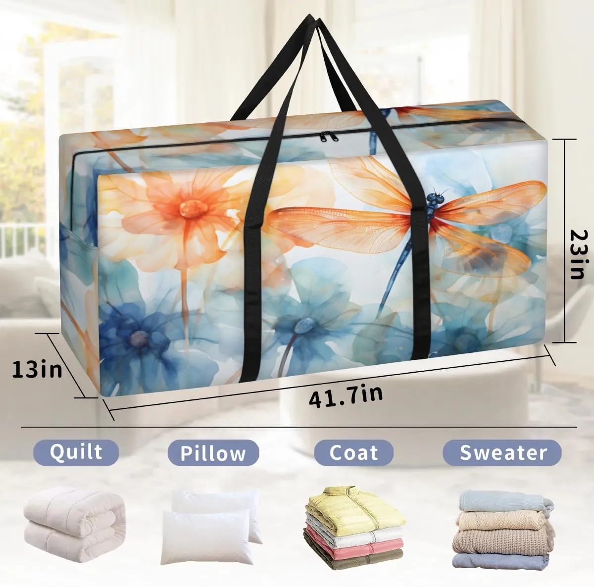 Extra Large Moving Bags Dragonfly Floral Flower Storage Bags with Handles and Zippers Large Packing Bags for Space Saving Storage Totes Moving Supplies