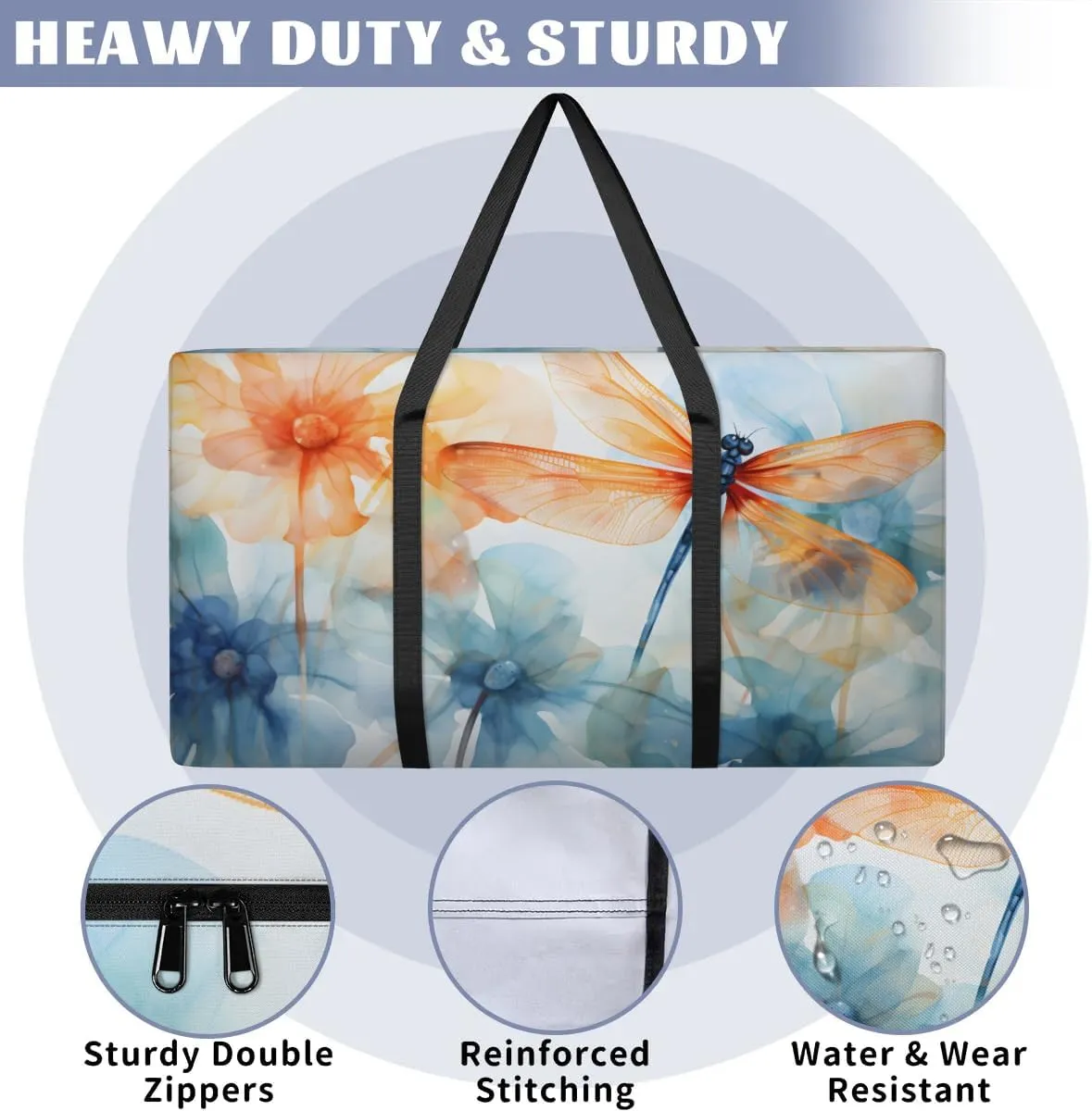Extra Large Moving Bags Dragonfly Floral Flower Storage Bags with Handles and Zippers Large Packing Bags for Space Saving Storage Totes Moving Supplies