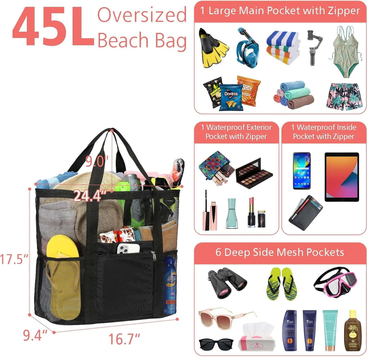 F-color Mesh Beach Bag Family - Beach Tote Bag Cruise Vacation Essentials, XL