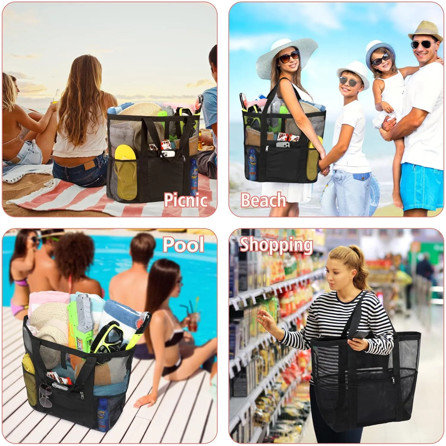 F-color Mesh Beach Bag Family - Beach Tote Bag Cruise Vacation Essentials, XL