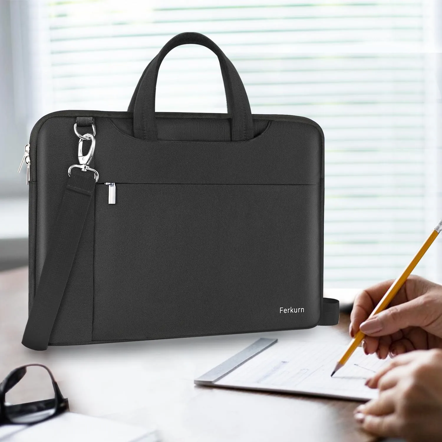 Ferkurn Laptop Case Bag 17 17.3 inch Women Men Computer Sleeve with Shoulder Strap Compatible with HP Envy Pavilion/Dell Inspiron/Thinkpad/Vivobook/MSI/Acer,Waterproof Briefcase with Handle,Black