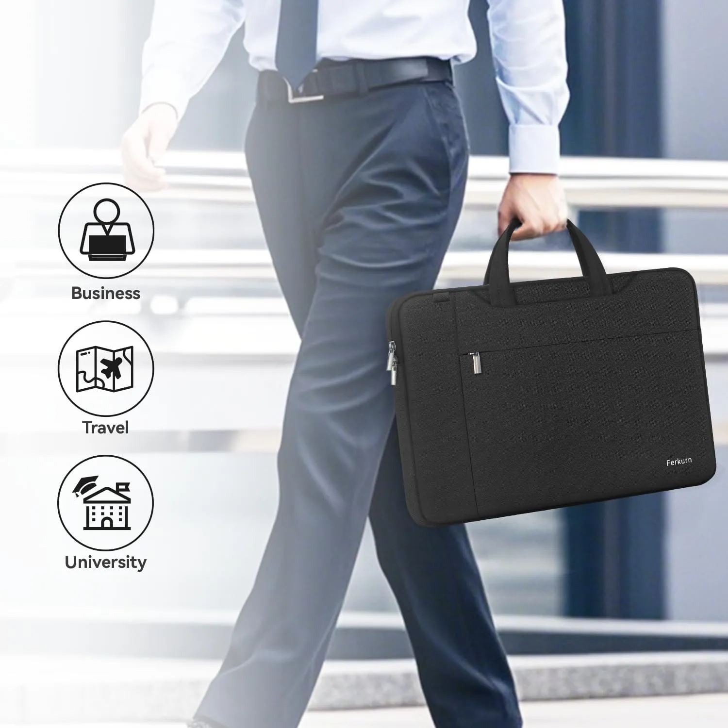 Ferkurn Laptop Case Bag 17 17.3 inch Women Men Computer Sleeve with Shoulder Strap Compatible with HP Envy Pavilion/Dell Inspiron/Thinkpad/Vivobook/MSI/Acer,Waterproof Briefcase with Handle,Black