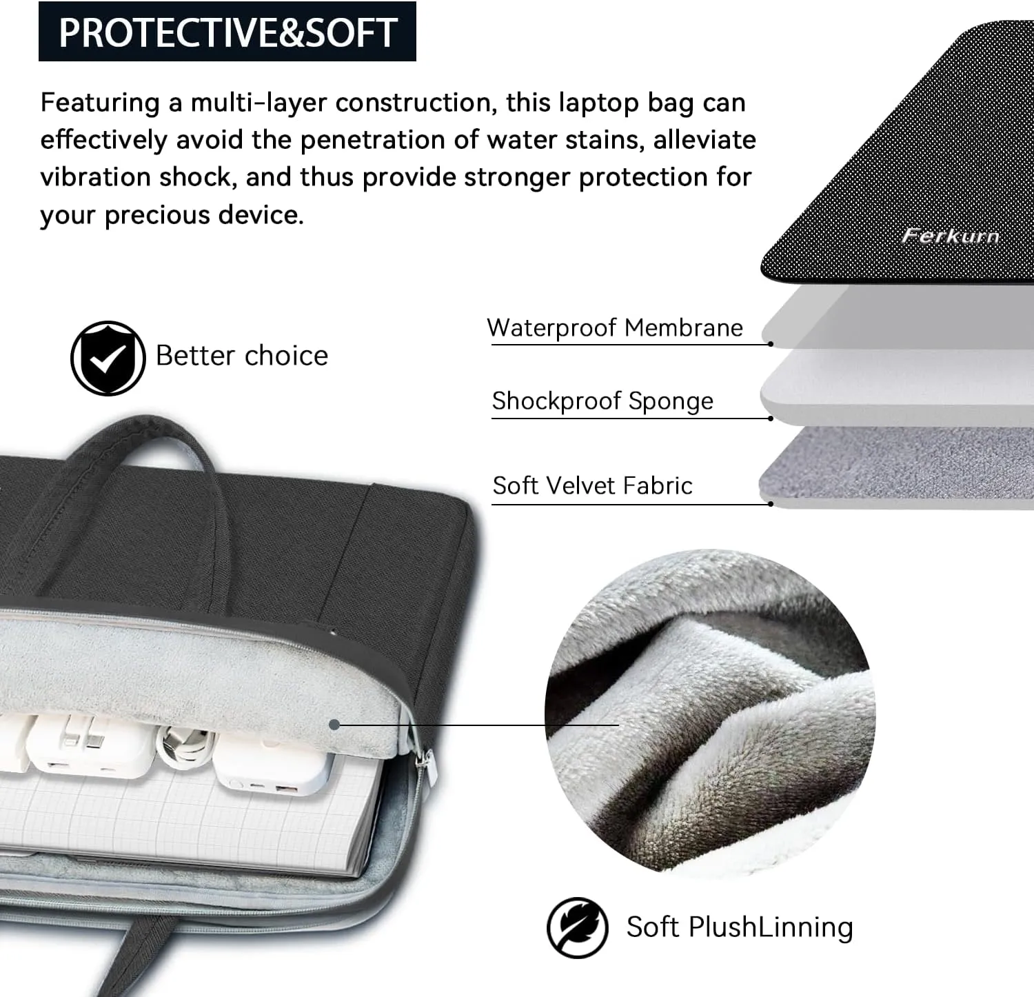 Ferkurn Laptop Case Bag 17 17.3 inch Women Men Computer Sleeve with Shoulder Strap Compatible with HP Envy Pavilion/Dell Inspiron/Thinkpad/Vivobook/MSI/Acer,Waterproof Briefcase with Handle,Black