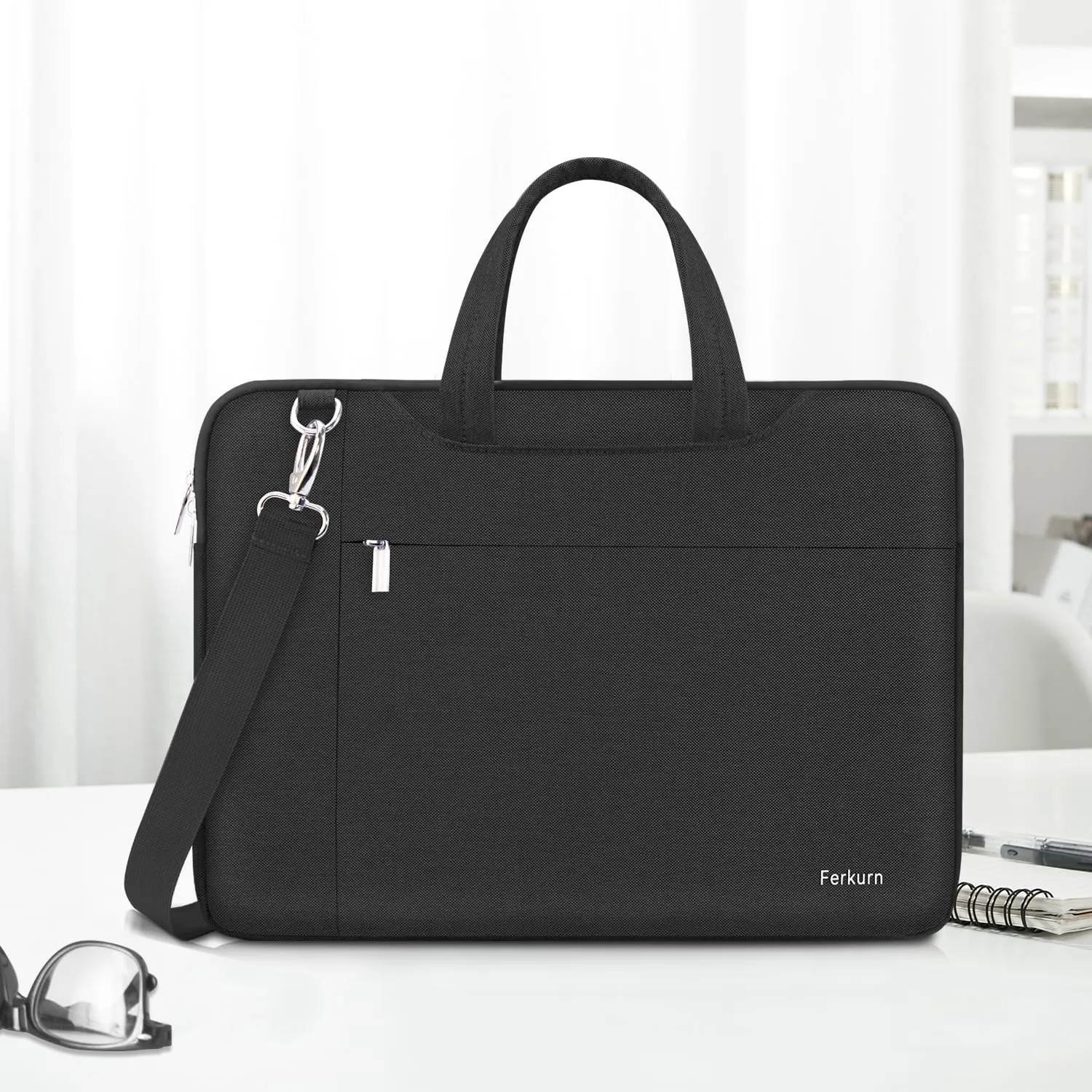 Ferkurn Laptop Case Bag 17 17.3 inch Women Men Computer Sleeve with Shoulder Strap Compatible with HP Envy Pavilion/Dell Inspiron/Thinkpad/Vivobook/MSI/Acer,Waterproof Briefcase with Handle,Black