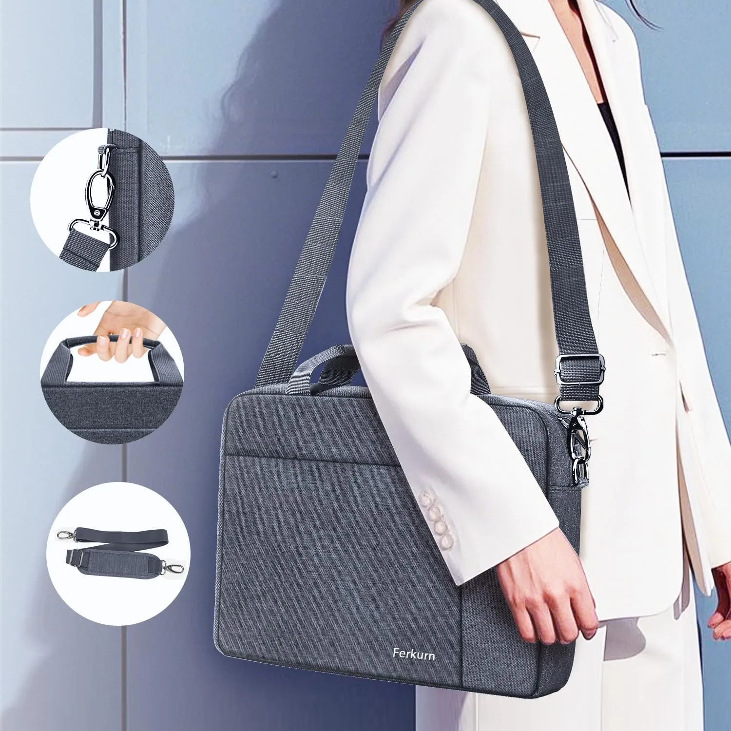 Ferkurn Laptop Case Sleeve 15.6 16 Inch Laptop Bag for Women Men Compatible with HP Envy Pavilion/Dell Inspiron XPS/Lenovo/Acer, Shoulder Strap Carrying Briefcase Computer Messenger Bag Case, Grey