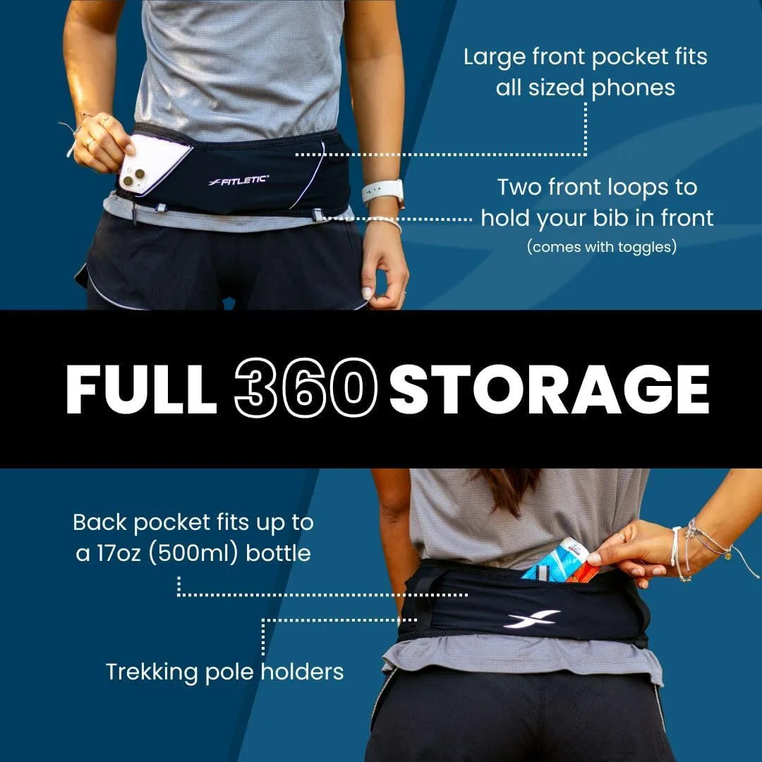 Fitletic 360 Plus Multi Pocket Running Belt For Men & Women  Fits All Phones- Ultra Comfortable  Exclusive No Bounce Multi Direction Stretch & Quick Access Pocket (Black, X-Large)