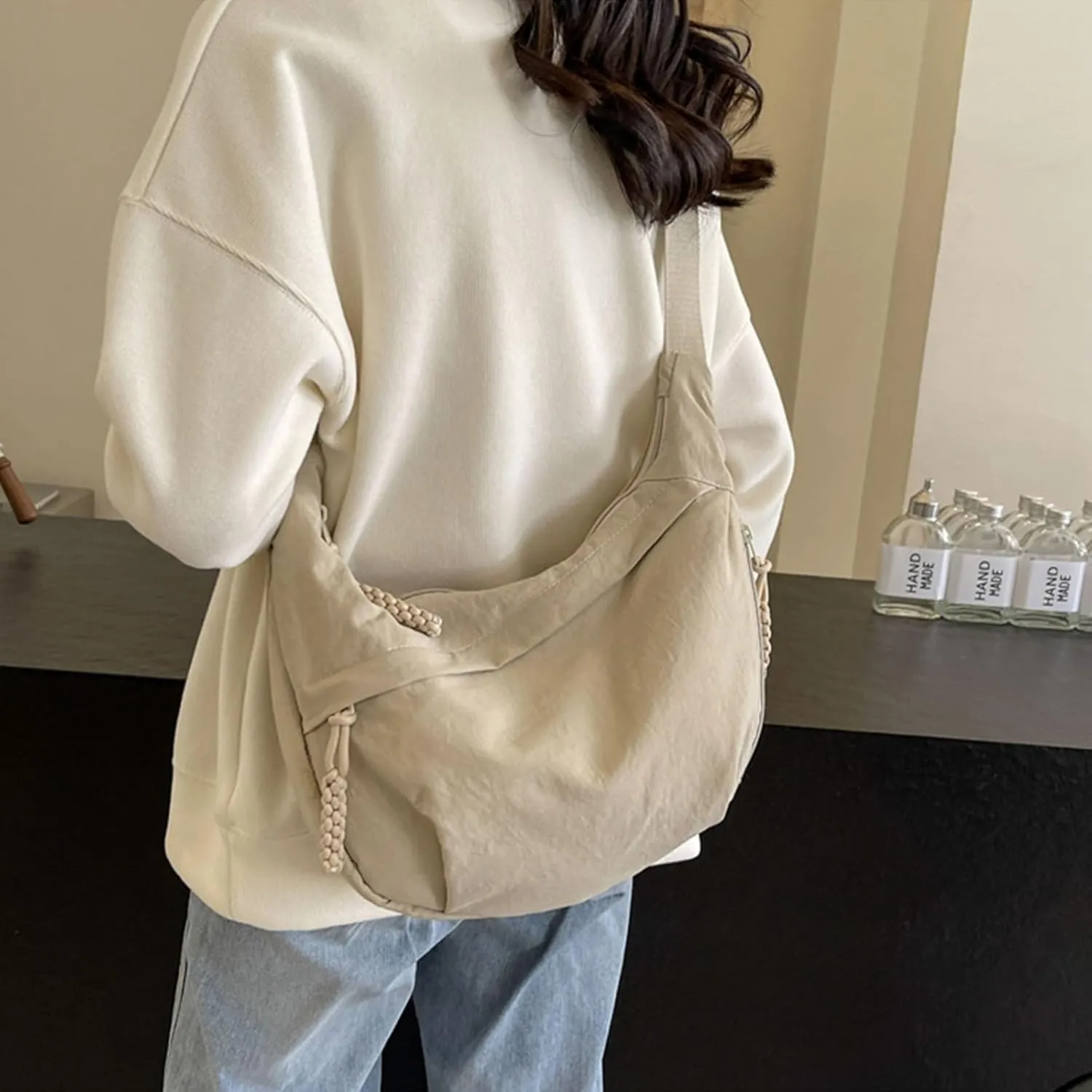 Generic Sling Dumpling Crossbody Nylon Underarm Bag With Zipper - Crescent Satchel Purse Shoulder Handbag Hobo for Office Travel - Beige