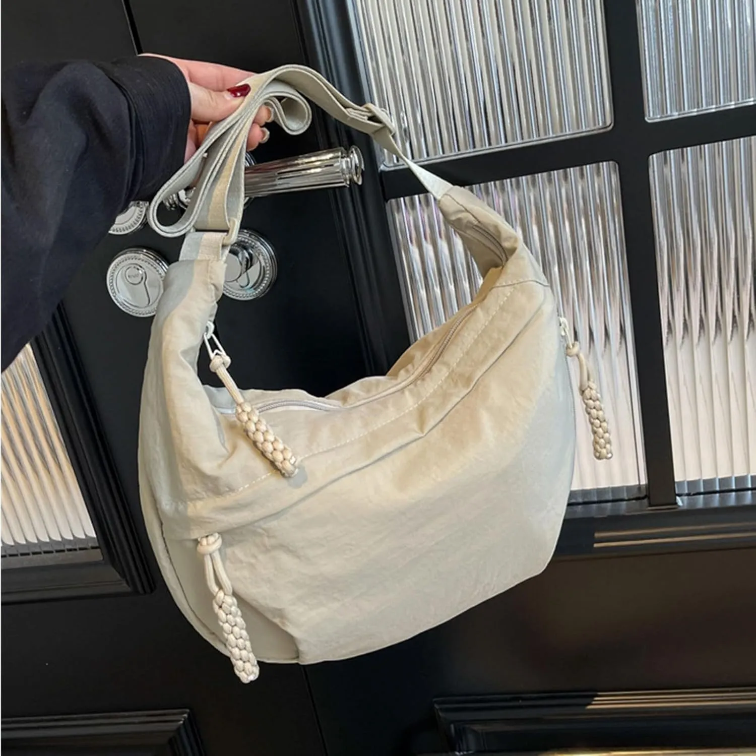 Generic Sling Dumpling Crossbody Nylon Underarm Bag With Zipper - Crescent Satchel Purse Shoulder Handbag Hobo for Office Travel - Beige