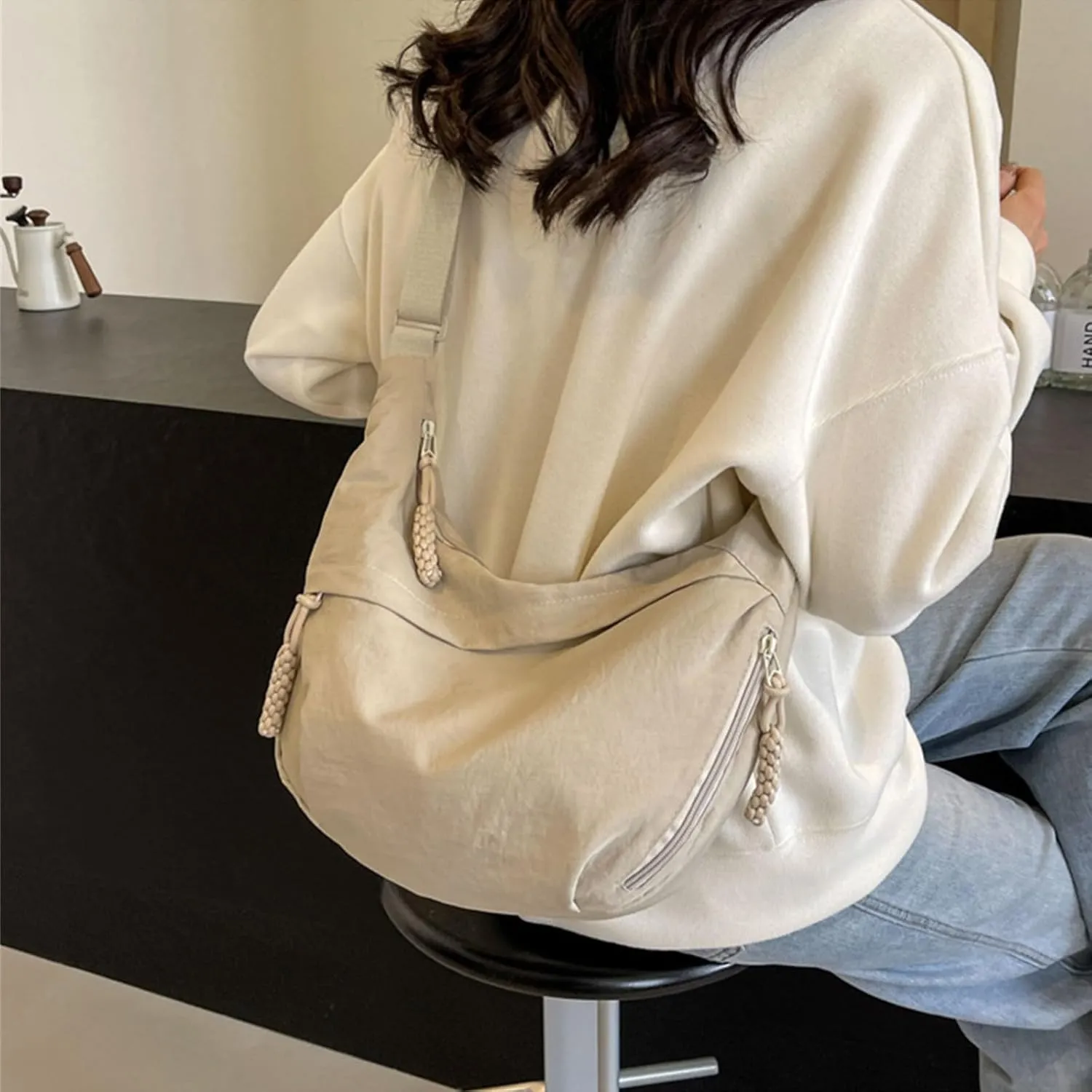 Generic Sling Dumpling Crossbody Nylon Underarm Bag With Zipper - Crescent Satchel Purse Shoulder Handbag Hobo for Office Travel - Beige