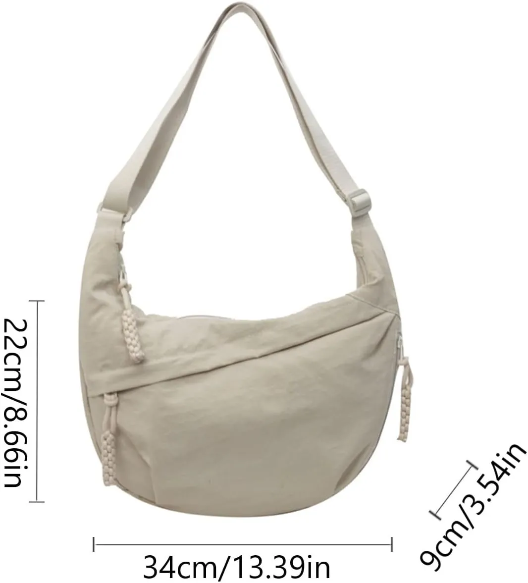 Generic Sling Dumpling Crossbody Nylon Underarm Bag With Zipper - Crescent Satchel Purse Shoulder Handbag Hobo for Office Travel - Beige