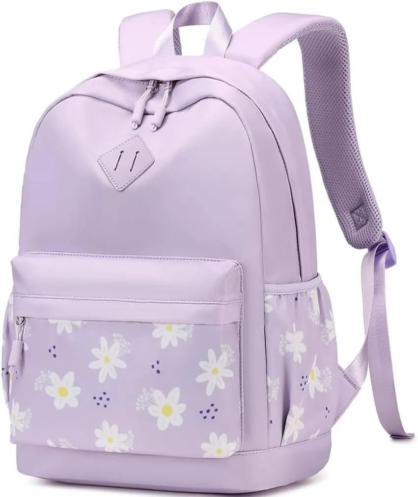 Girls Backpacks for School Floral Lightweight Travel Backpack for Women Cute Toddler Schoolbag Bookbag Water Resistant Carry on Laptop Back pack Flower Daisy Daypack Purple