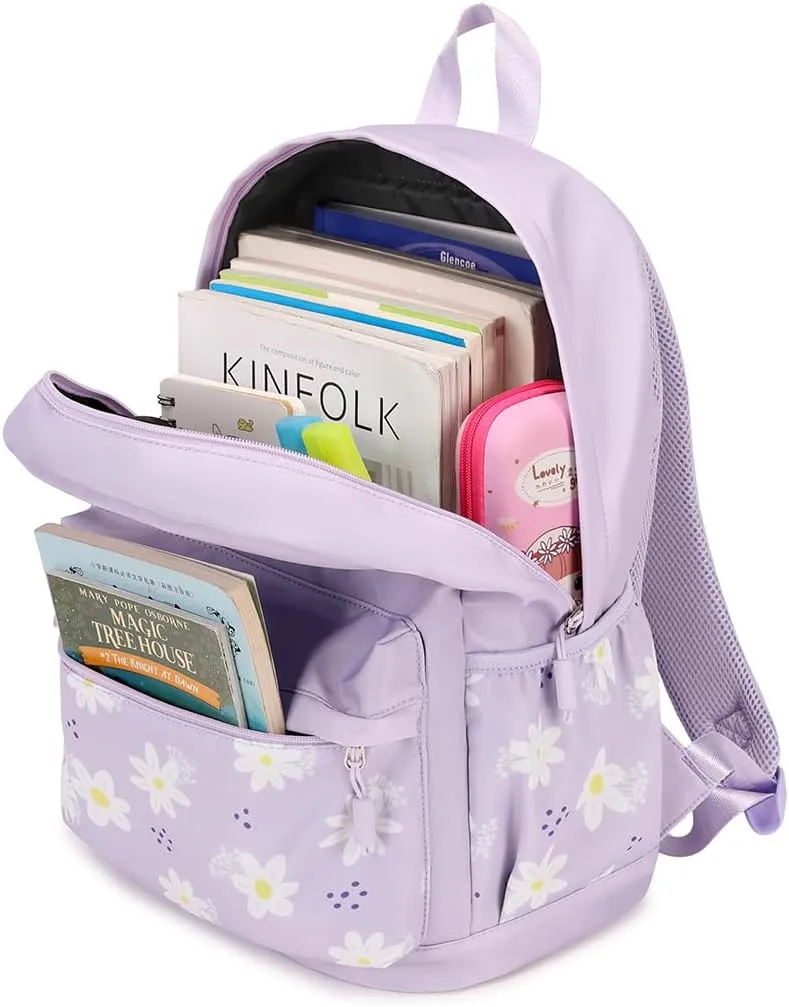 Girls Backpacks for School Floral Lightweight Travel Backpack for Women Cute Toddler Schoolbag Bookbag Water Resistant Carry on Laptop Back pack Flower Daisy Daypack Purple