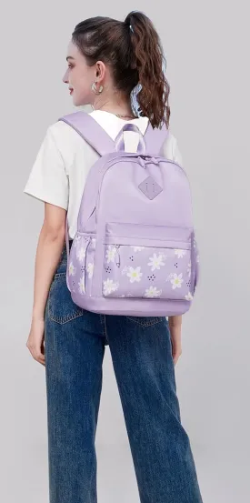 Girls Backpacks for School Floral Lightweight Travel Backpack for Women Cute Toddler Schoolbag Bookbag Water Resistant Carry on Laptop Back pack Flower Daisy Daypack Purple