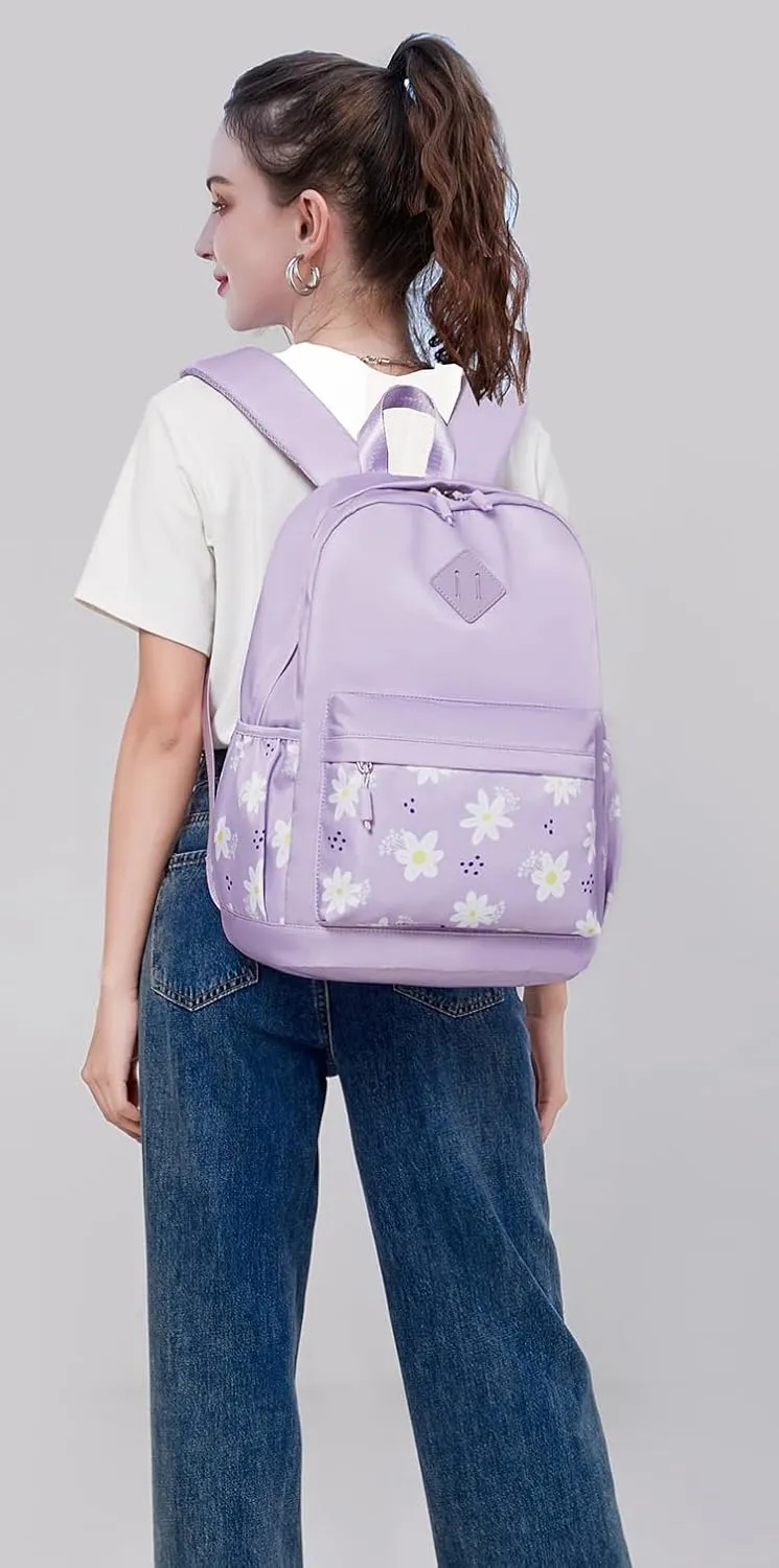 Girls Backpacks for School Floral Lightweight Travel Backpack for Women Cute Toddler Schoolbag Bookbag Water Resistant Carry on Laptop Back pack Flower Daisy Daypack Purple