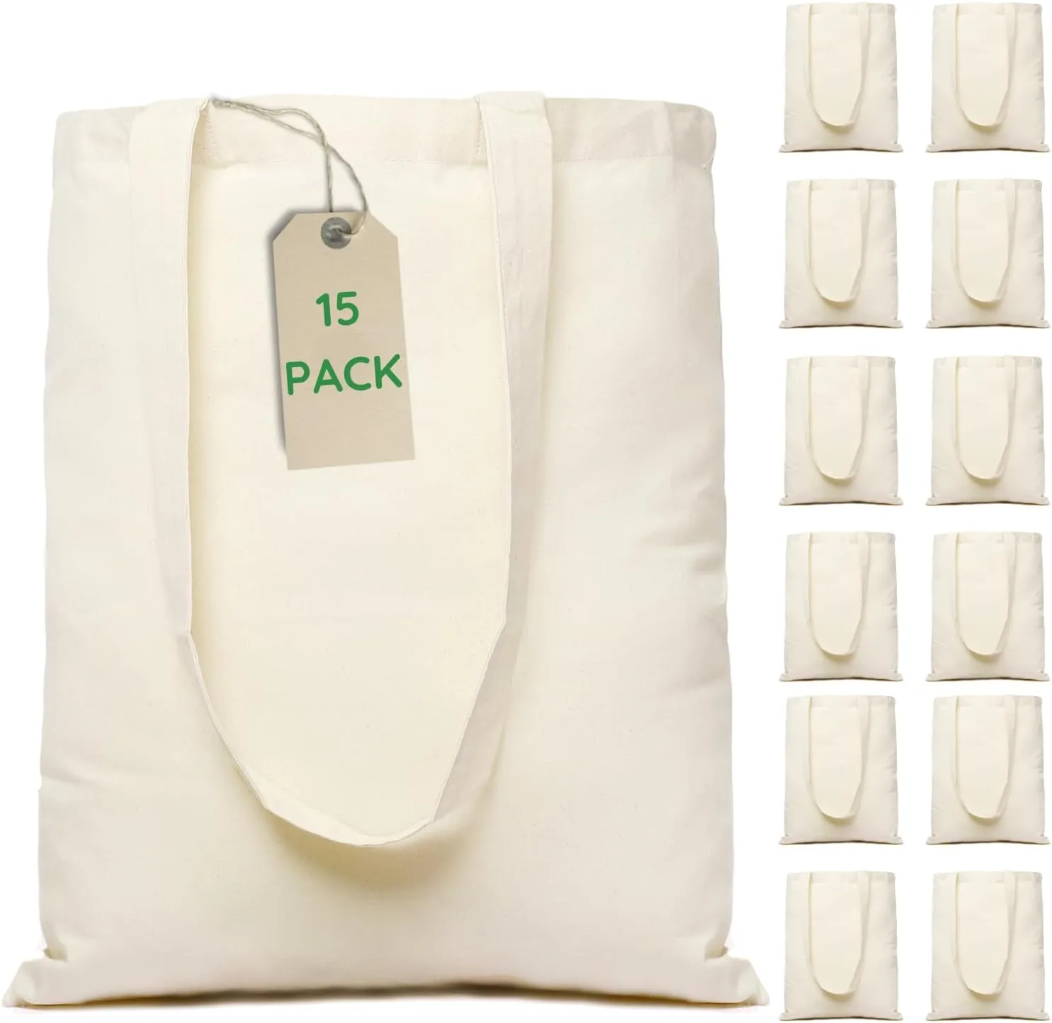 Greenmile Canvas Tote Bags Bulk 15 Pack - 15x16.5 Inch - 6 oz - Large Plain Canvas Tote Bags Premium Reusable Grocery Bags, Thick Shopping Bags for Arts & Craft DIY Promotion