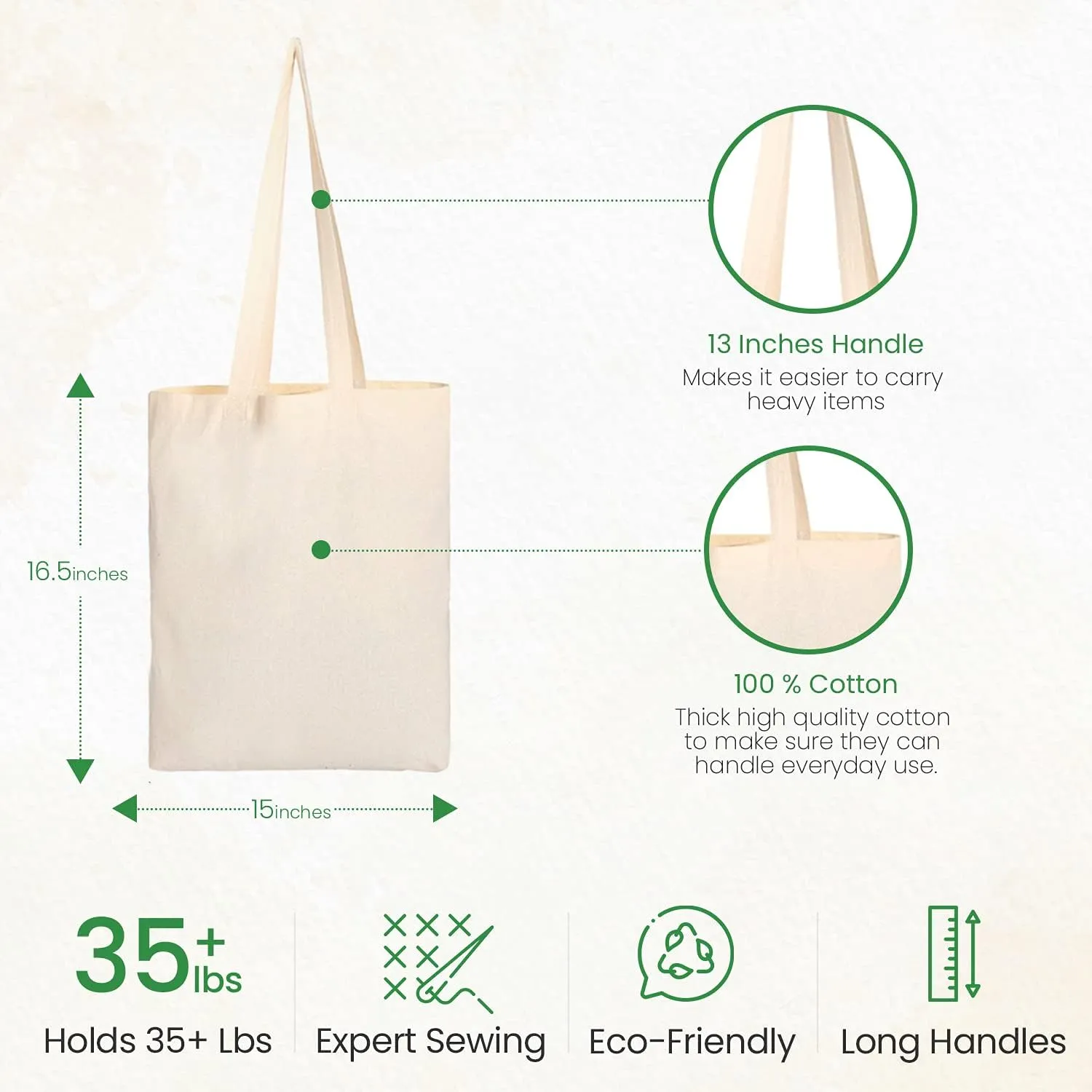 Greenmile Canvas Tote Bags Bulk 15 Pack - 15x16.5 Inch - 6 oz - Large Plain Canvas Tote Bags Premium Reusable Grocery Bags, Thick Shopping Bags for Arts & Craft DIY Promotion