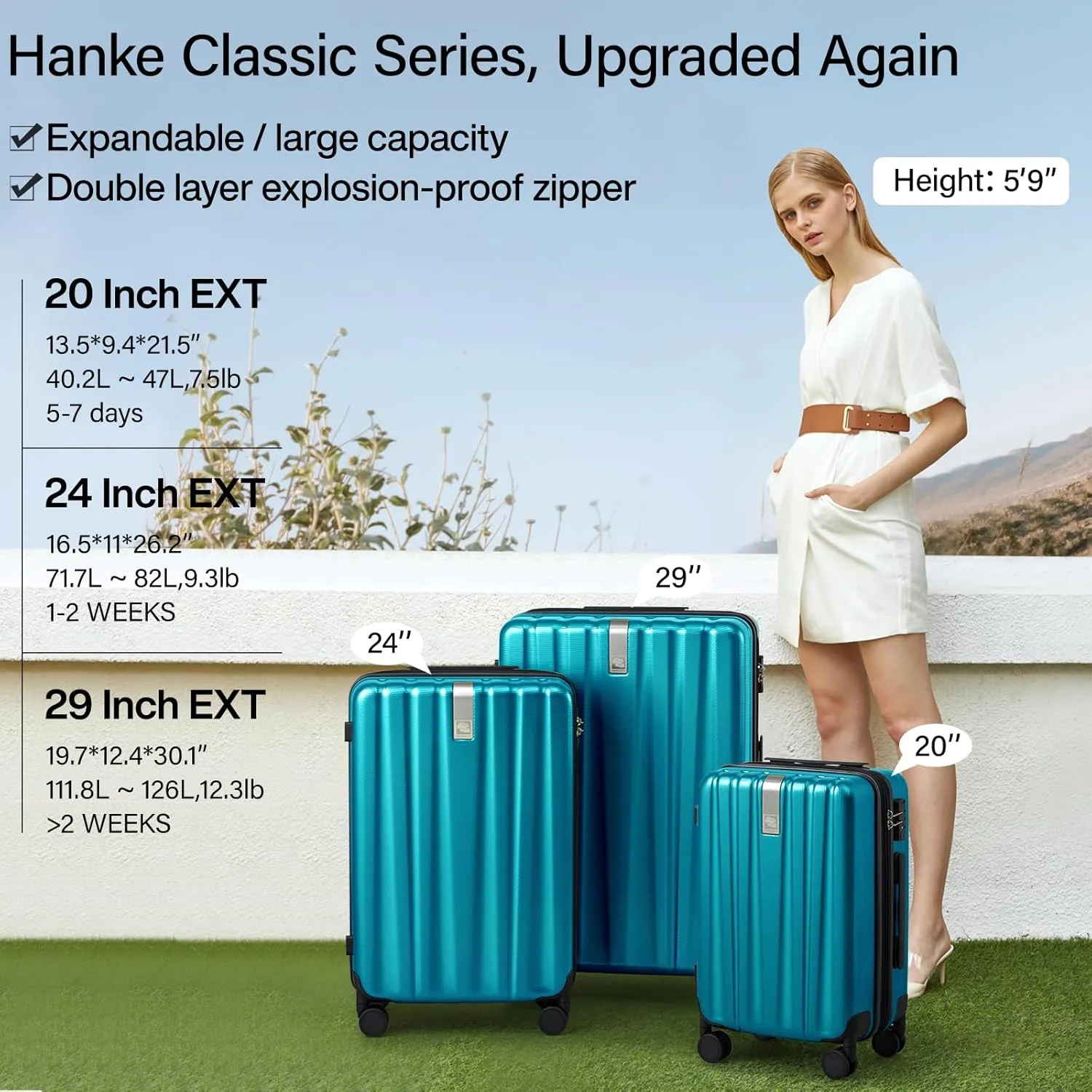 Hanke 29 Inch Expandable Checked Luggage Lightweight PC Hard Shell Luggage Suitcases with Wheels Tsa Luggage Rolling Large Suitcase Travel Luggage Bag for Study Abroad.(Caribbean Blue)
