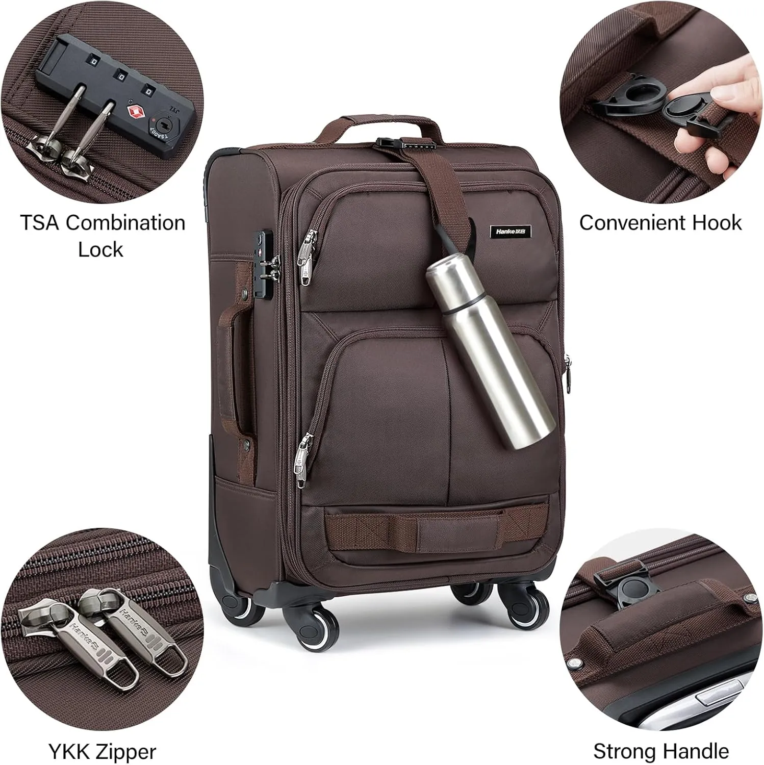 Hanke 3 piece luggage set Softside Expandable luggage with tsa lock,Coffee20/24/28