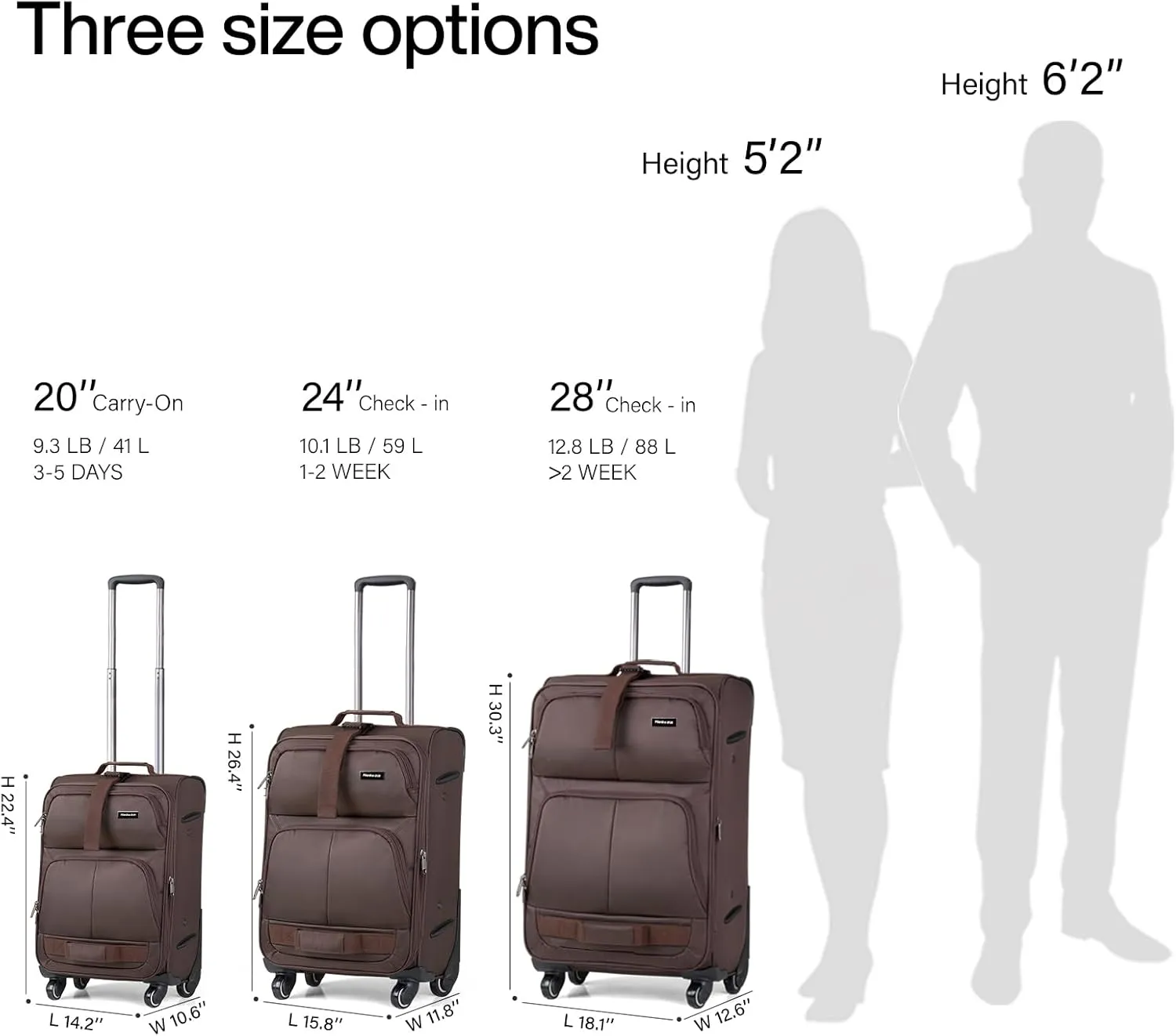 Hanke 3 piece luggage set Softside Expandable luggage with tsa lock,Coffee20/24/28