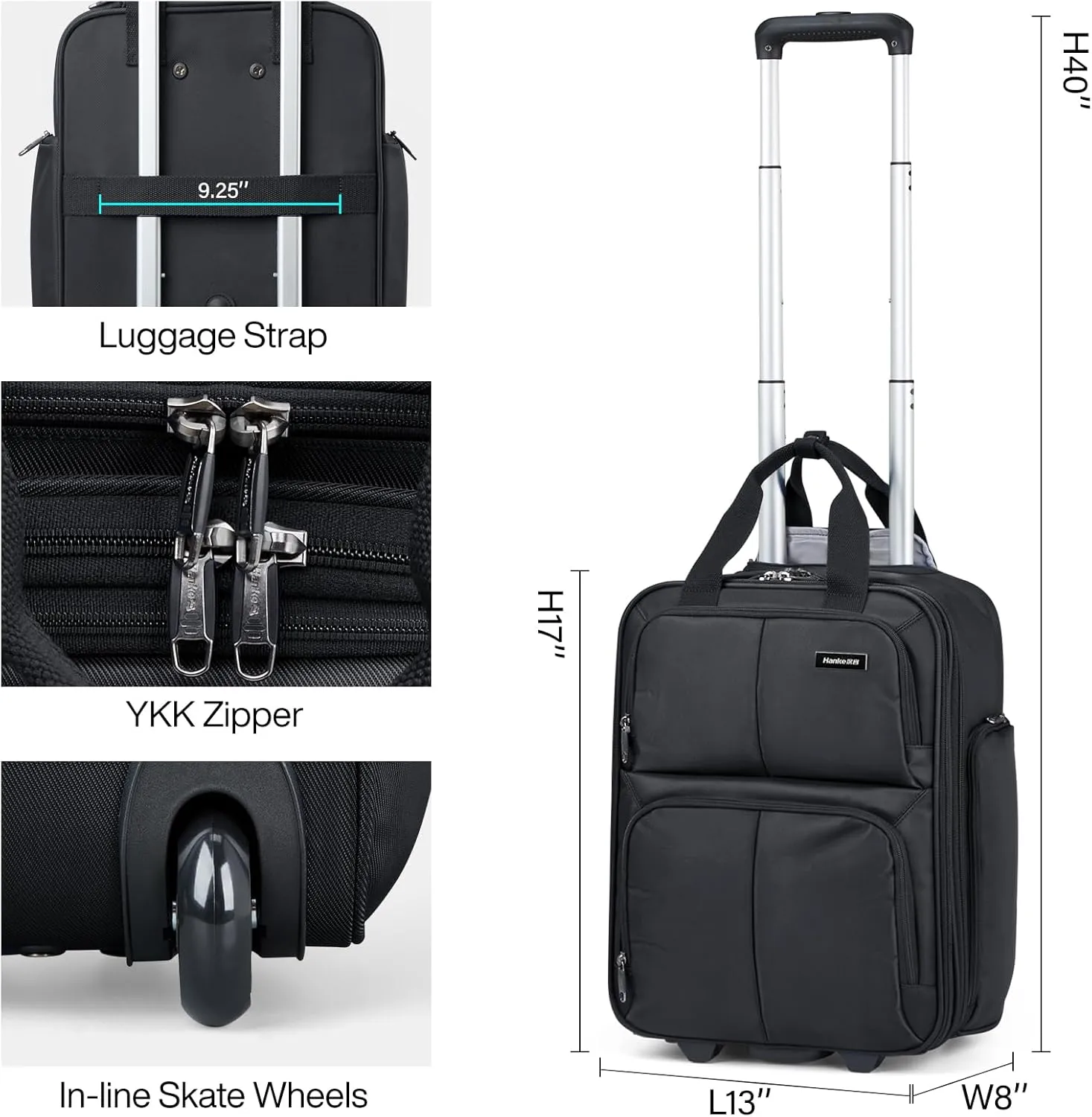 Hanke Softside Underseat Carry On Luggage with Wheels,Travel Luggage Rolling Bag Small SuitcaseBlack, Underseater 16-Inch