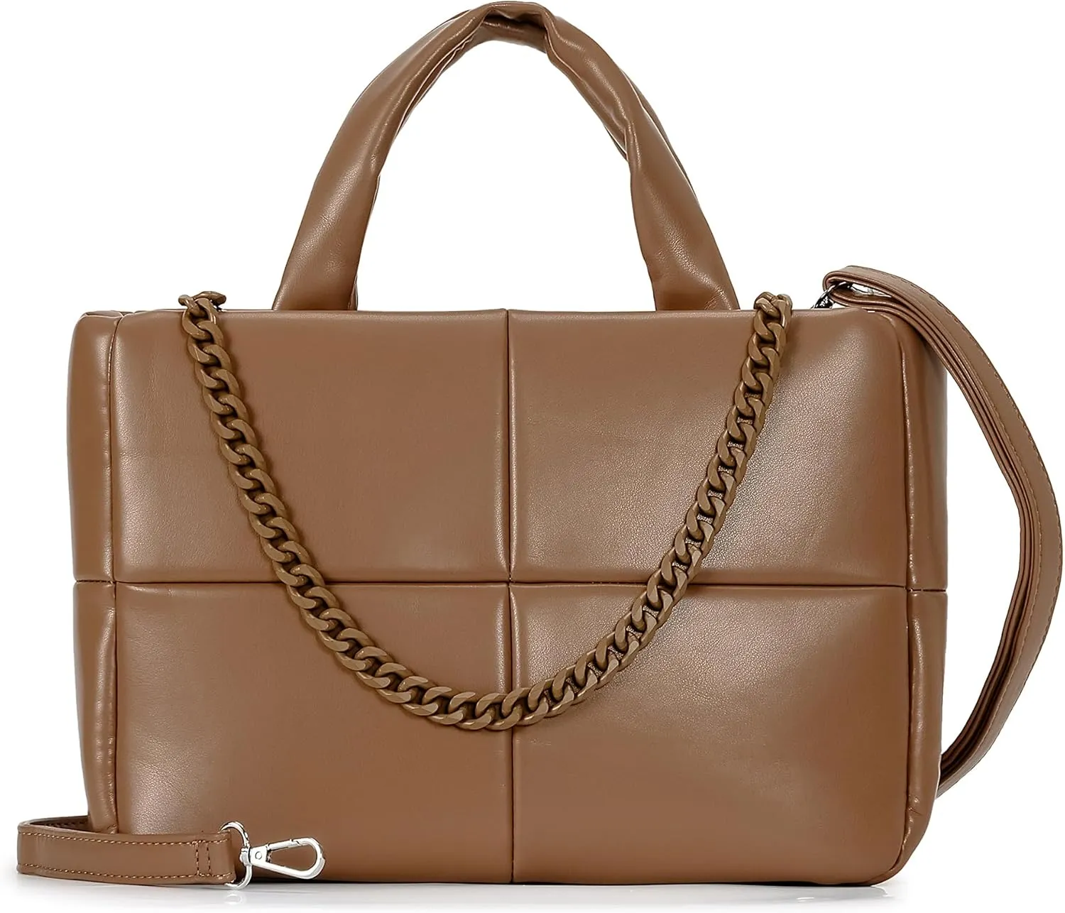 Herald Puffer Tote Bag for Women, Soft PU Leather Puffy Quilted Shoulder Crossbody Purse with Adjustable Strap & Chain