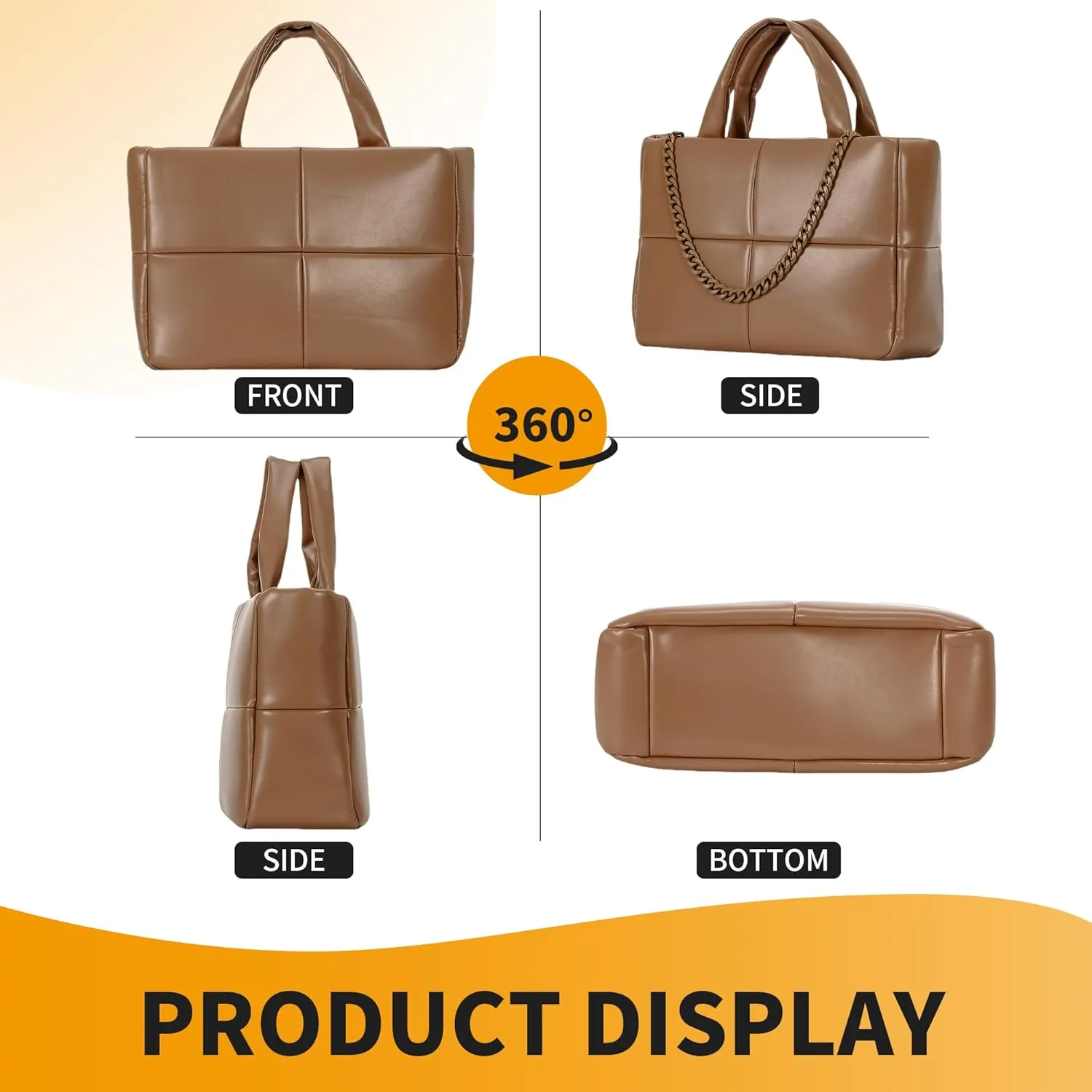 Herald Puffer Tote Bag for Women, Soft PU Leather Puffy Quilted Shoulder Crossbody Purse with Adjustable Strap & Chain