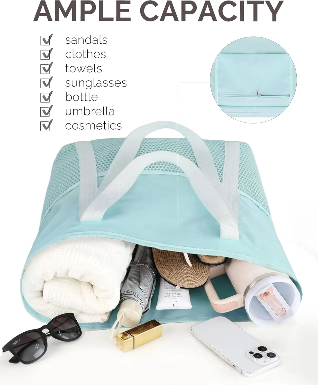 HOMESPON Beach Bag Large Waterproof Sandproof Foldable Tote for Women with Zipper Mesh Pockets for Pool Swim Travel Everyday