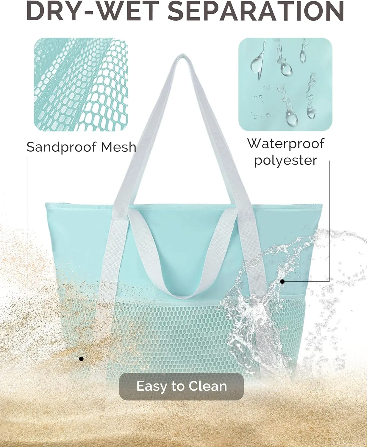 HOMESPON Beach Bag Large Waterproof Sandproof Foldable Tote for Women with Zipper Mesh Pockets for Pool Swim Travel Everyday