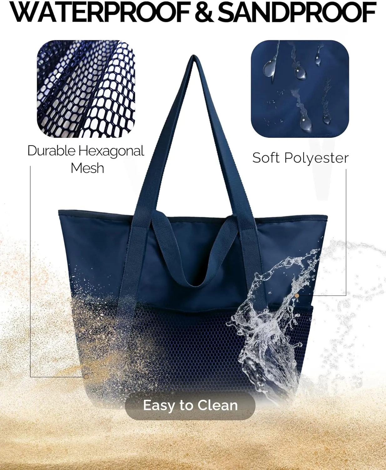 HOMESPON Beach Bag Large Waterproof Sandproof Foldable Tote for Women with Zipper Mesh Pockets for Pool Swim Travel Everyday