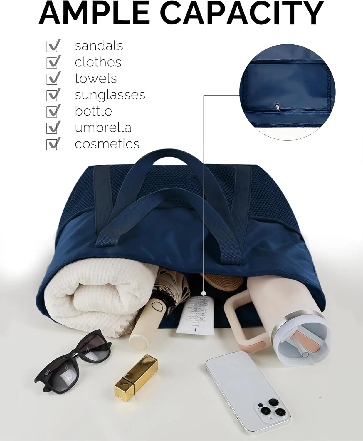 HOMESPON Beach Bag Large Waterproof Sandproof Foldable Tote for Women with Zipper Mesh Pockets for Pool Swim Travel Everyday
