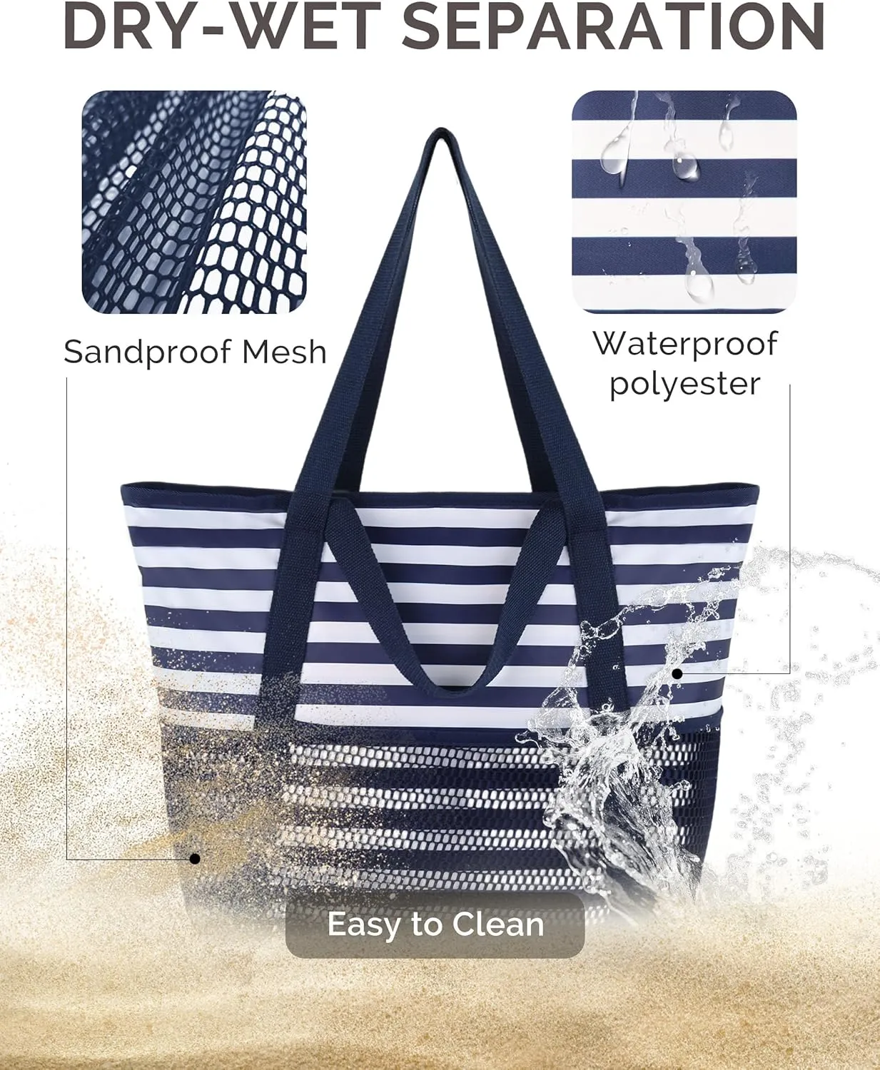 HOMESPON Beach Bag Large Waterproof Sandproof Foldable Tote for Women with Zipper Mesh Pockets for Pool Swim Travel Everyday