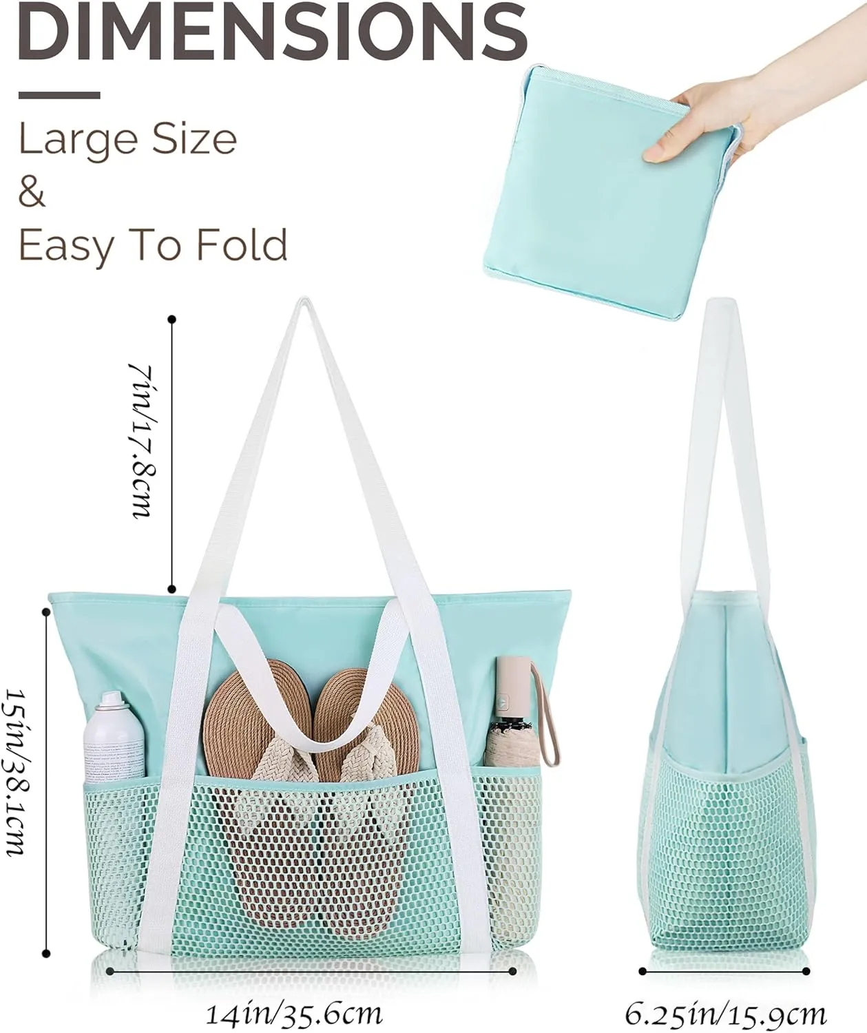 HOMESPON Beach Bag Large Waterproof Sandproof Foldable Tote for Women with Zipper Mesh Pockets for Pool Swim Travel Everyday