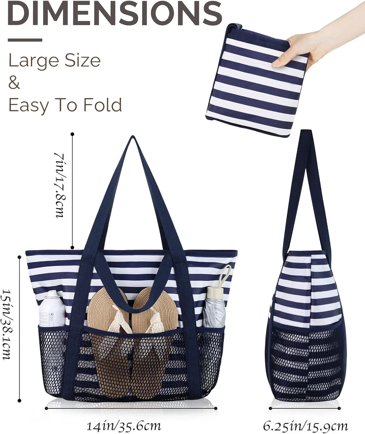 HOMESPON Beach Bag Large Waterproof Sandproof Foldable Tote for Women with Zipper Mesh Pockets for Pool Swim Travel Everyday