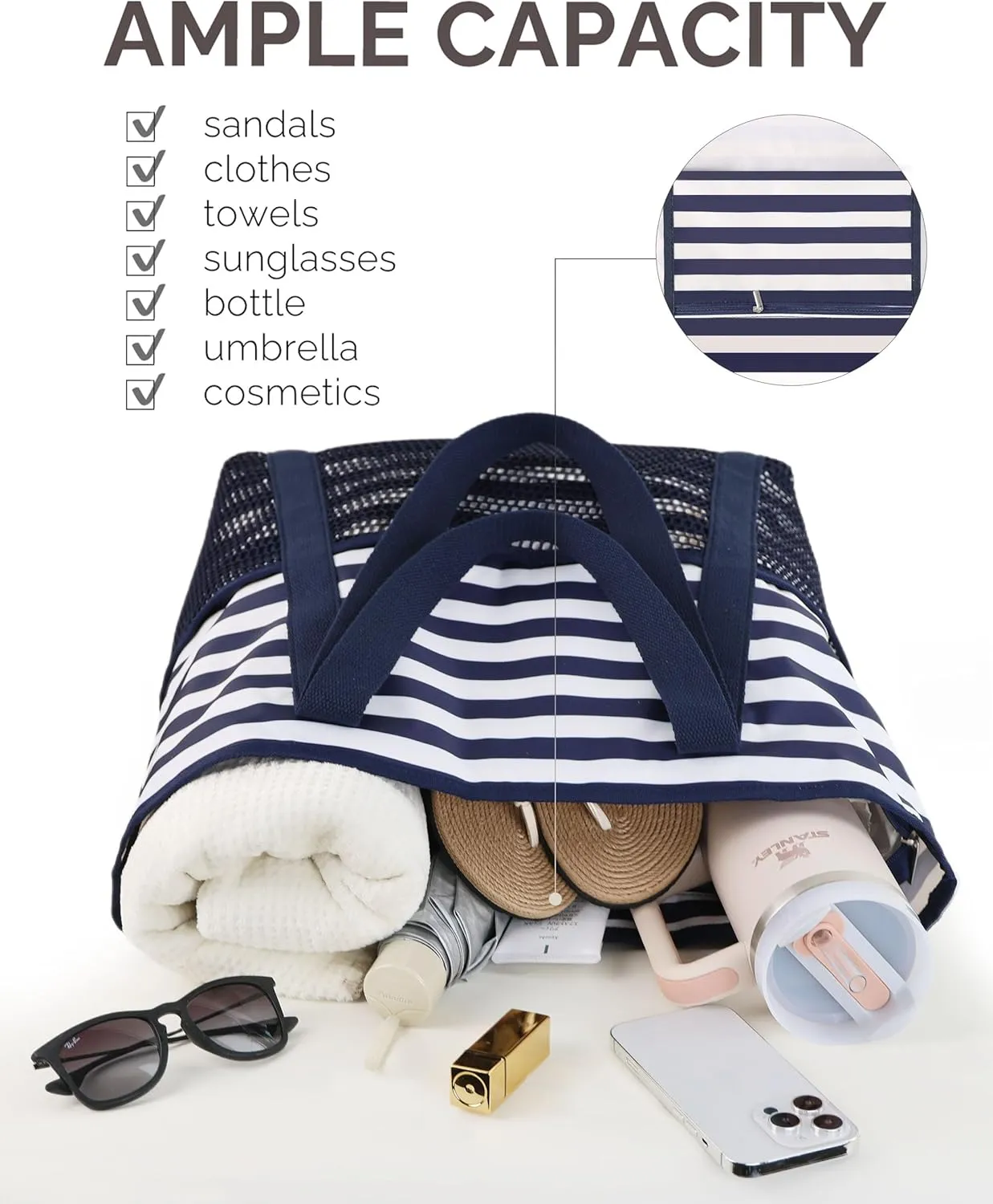 HOMESPON Beach Bag Large Waterproof Sandproof Foldable Tote for Women with Zipper Mesh Pockets for Pool Swim Travel Everyday