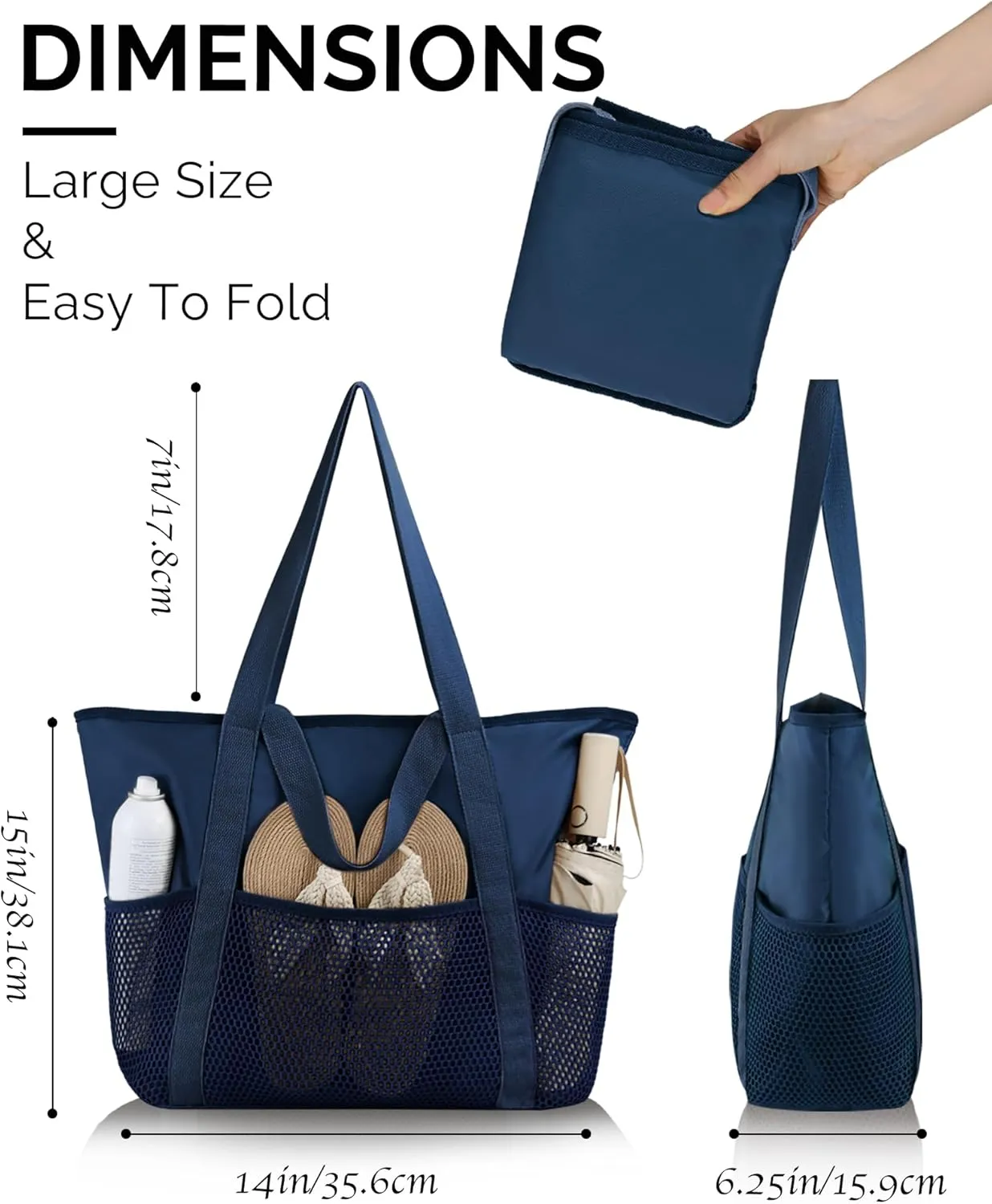 HOMESPON Beach Bag Large Waterproof Sandproof Foldable Tote for Women with Zipper Mesh Pockets for Pool Swim Travel Everyday