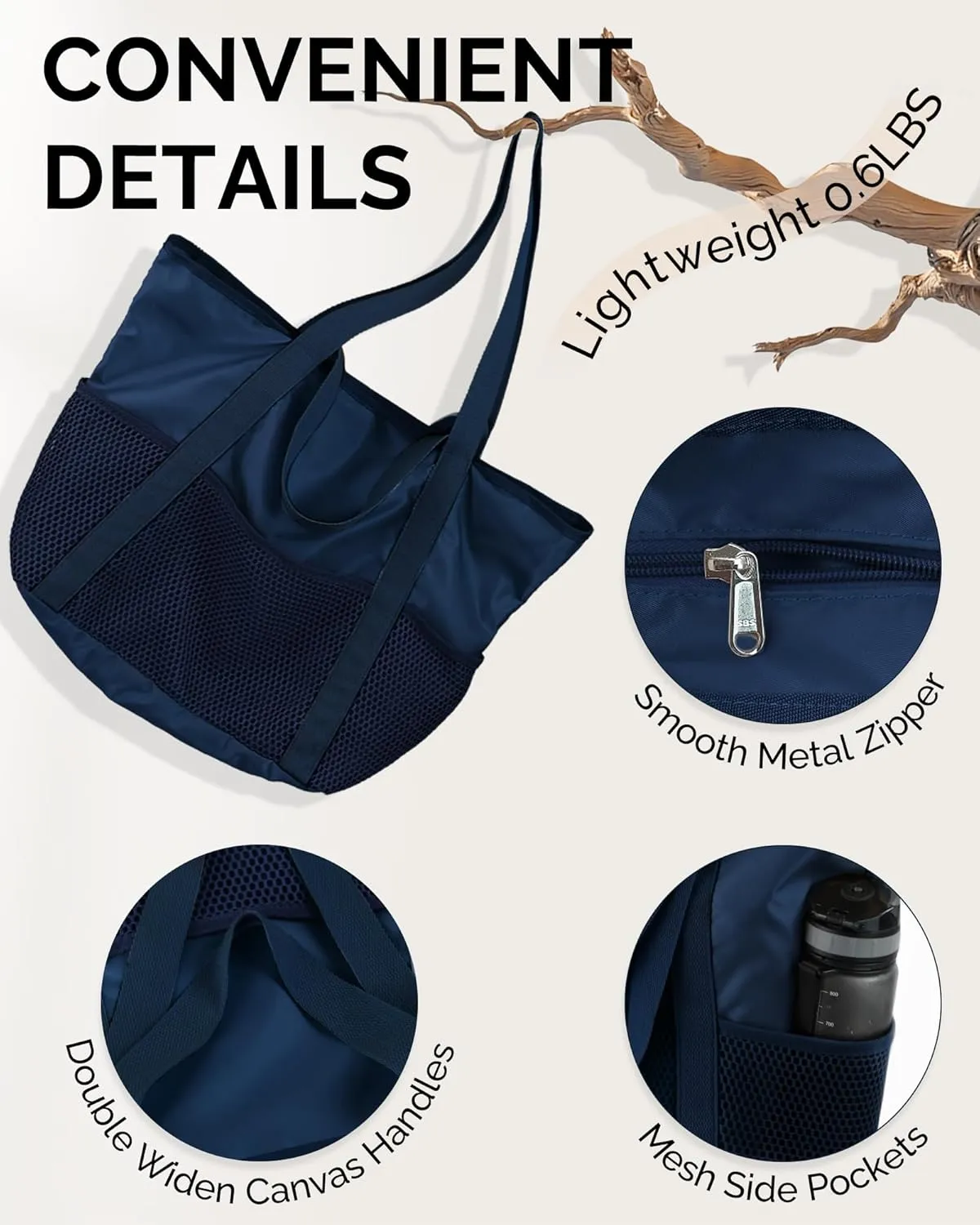 HOMESPON Beach Bag Large Waterproof Sandproof Foldable Tote for Women with Zipper Mesh Pockets for Pool Swim Travel Everyday
