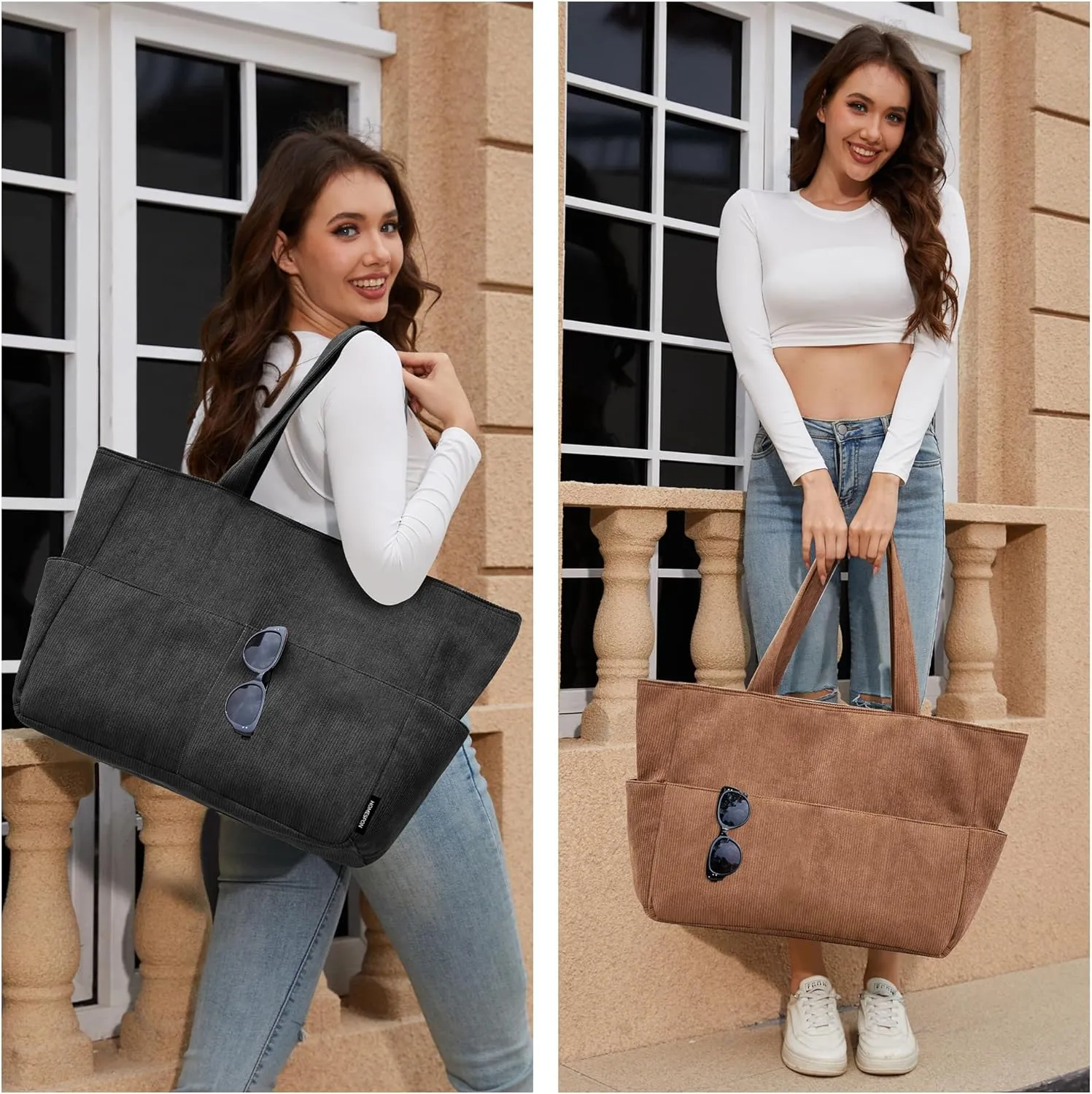 HOMESPON Large Corduroy Tote Bag for Women Everyday Shoulder Bag with Pockets and Zipper for Work Travel Vacation