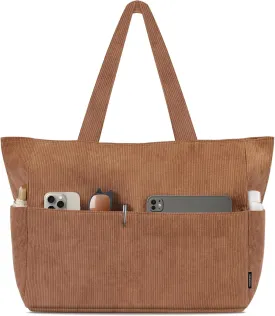 HOMESPON Large Corduroy Tote Bag for Women Everyday Shoulder Bag with Pockets and Zipper for Work Travel Vacation